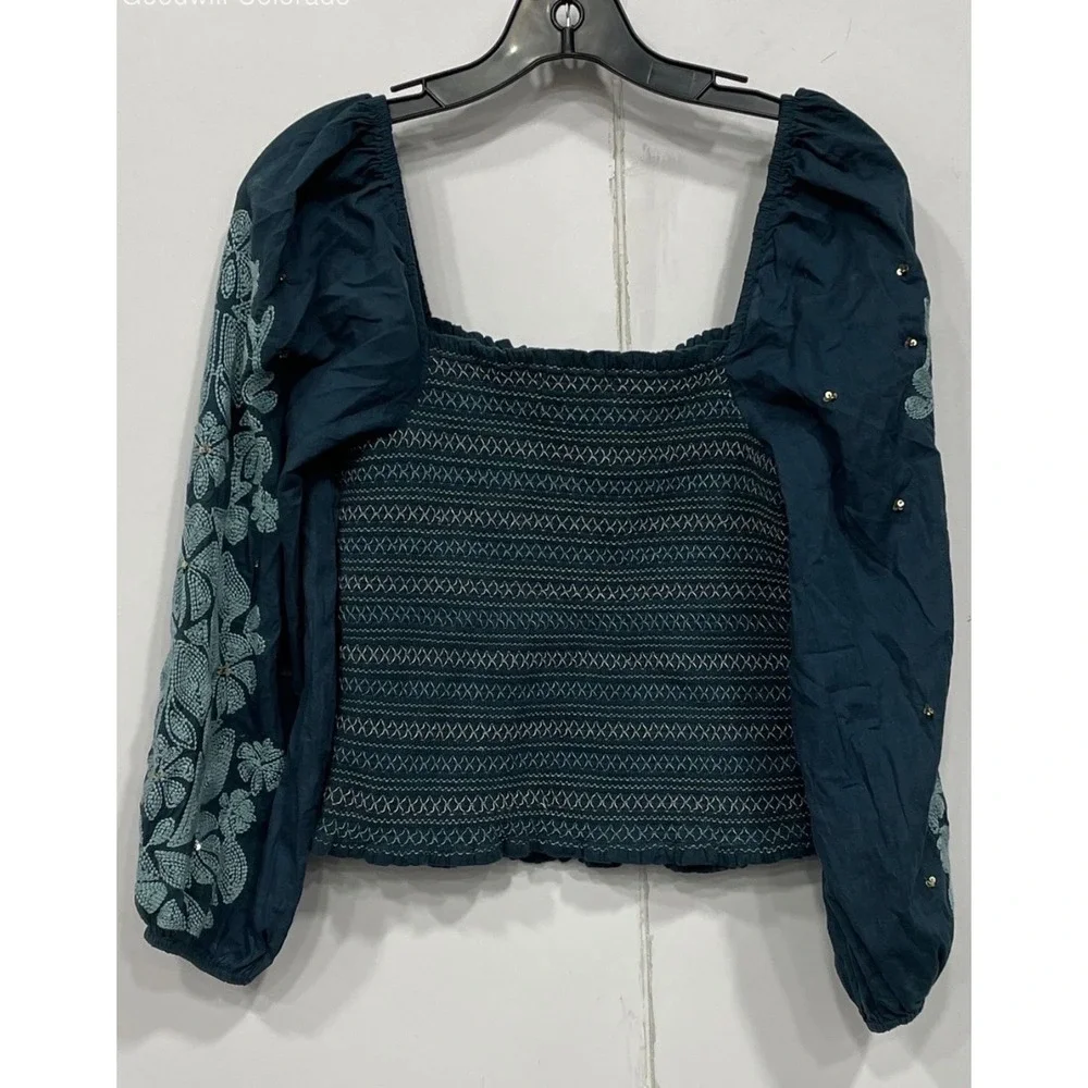 Anthropologie Smocked Embroidered Puff Sleeve Blouse Teal Blue Boho Top Small